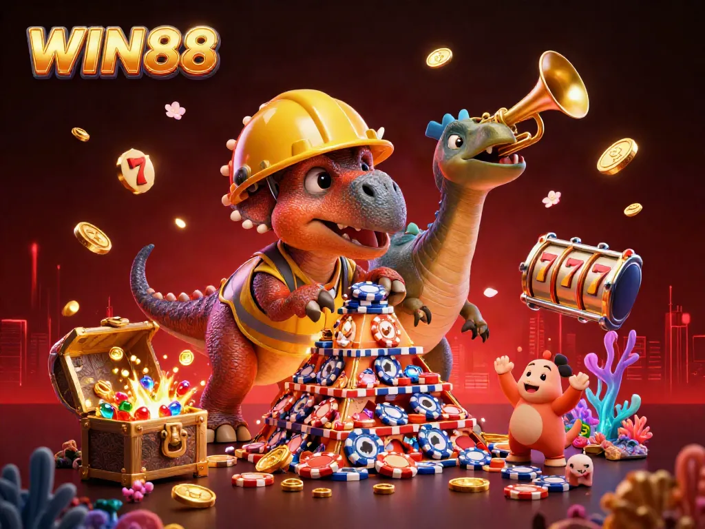 Experience the excitement of WIN88 casino games with vibrant 3D visuals of a triceratops and celebrating characters.