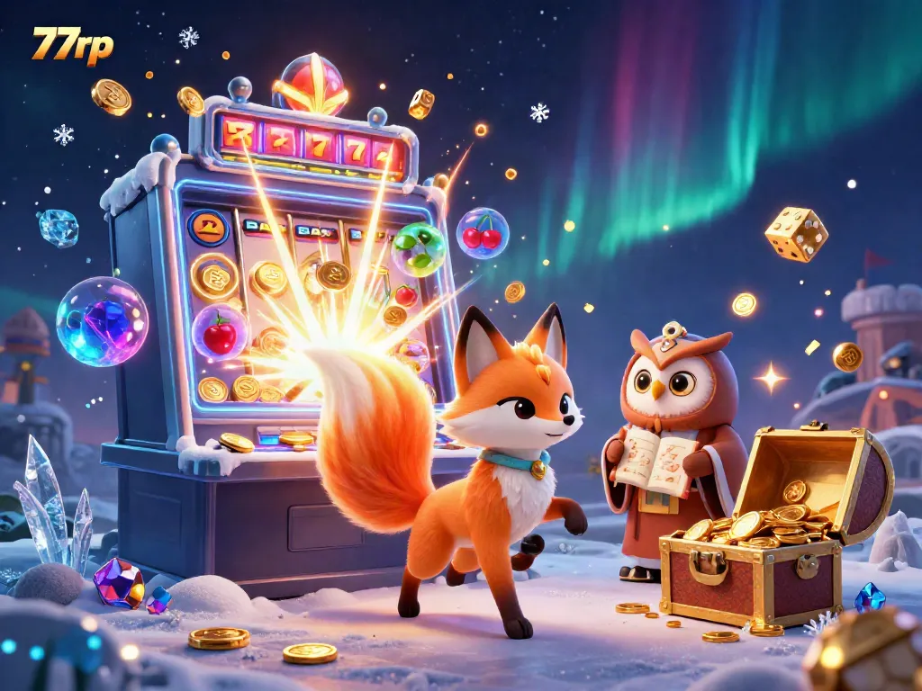 Step into the vibrant world of 77rp, featuring a colorful fox spirit and an owl sage around a bursting slot machine.