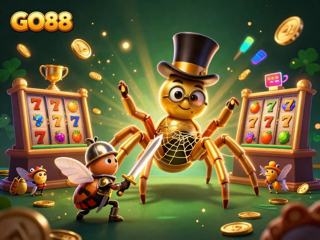 Experience gaming excitement with GO88's vibrant gambling themes featuring a golden tarantula, slot reels, and dynamic elements.