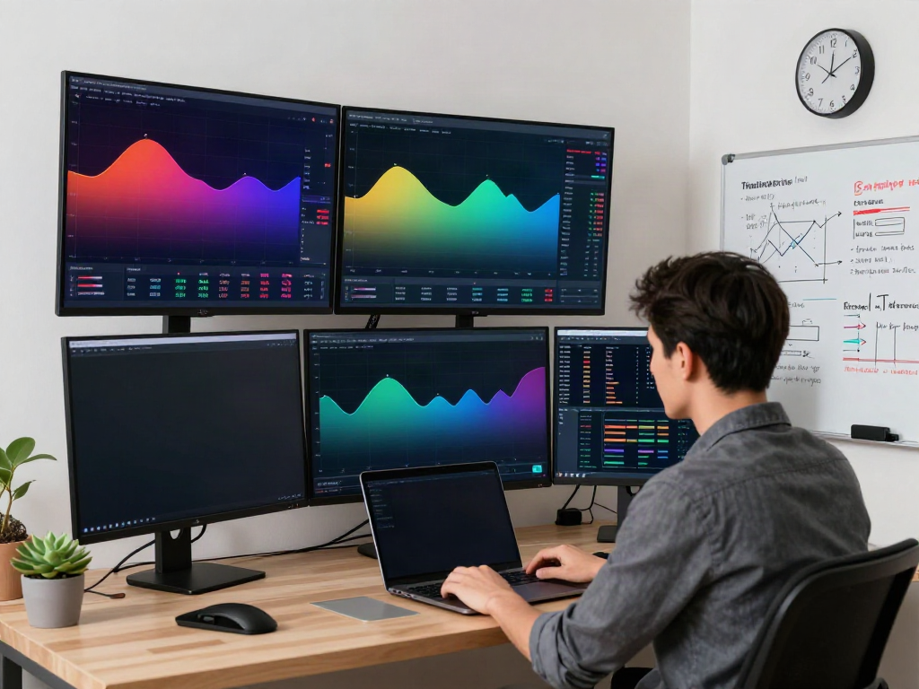 Focused trader analyzing TradingView charts in a modern home office with multiple monitors.