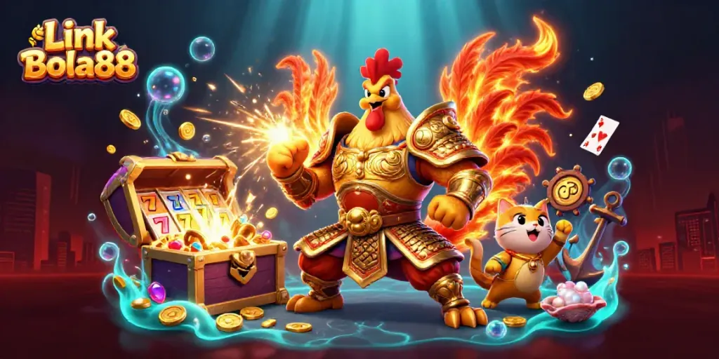 Experience the excitement of Link Bola88 with a vibrant 3D illustration showcasing dynamic characters and thrilling game elements.
