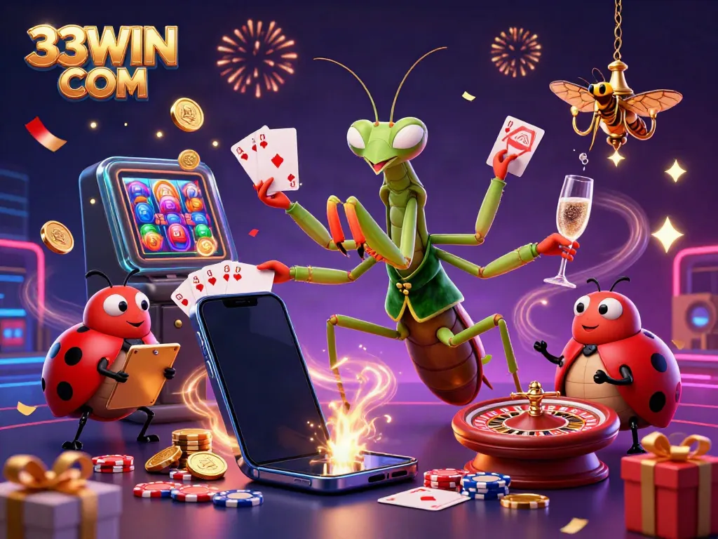Dynamic casino scene featuring a vibrant praying mantis and ladybug, showcasing games for 33WIN COM.