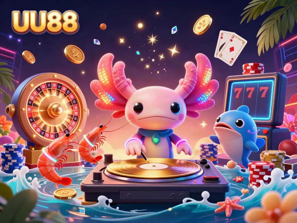 Mobilize your winnings at UU88's online games with a vibrant 3D casino scene featuring a DJ and lively characters.