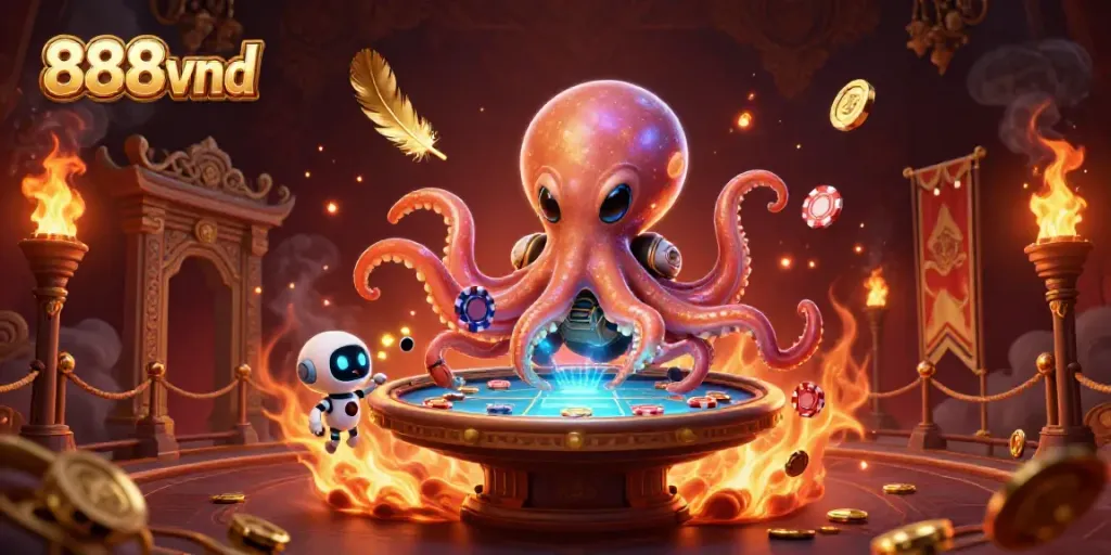 Engage with 888vnd casino excitement as an alien octopus plays poker amid dynamic gaming elements.