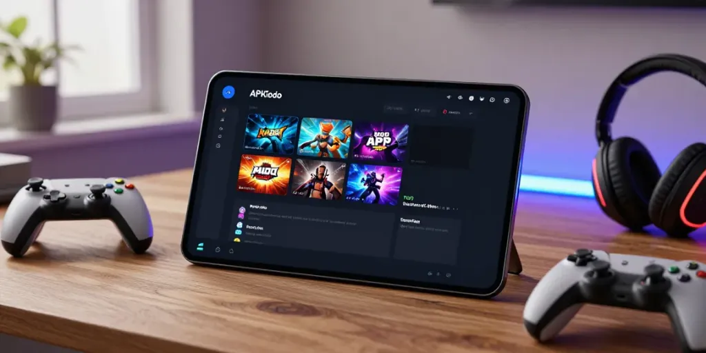 APKTodo app interface displayed on smartphone surrounded by gaming gear.