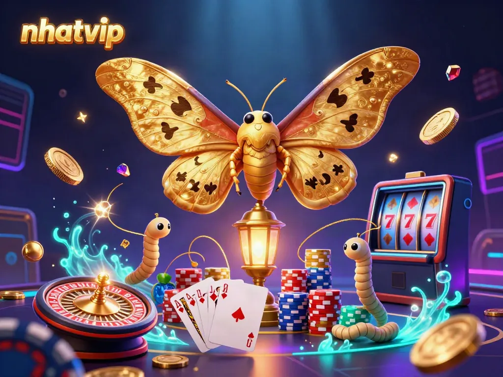 Nhatvip illustration featuring a golden moth and casino elements like coins and poker chips