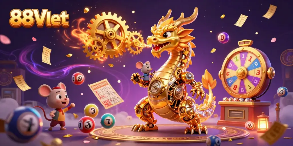 Experience 88Vbet's thrilling gaming world with a golden dragon and vibrant lottery elements.