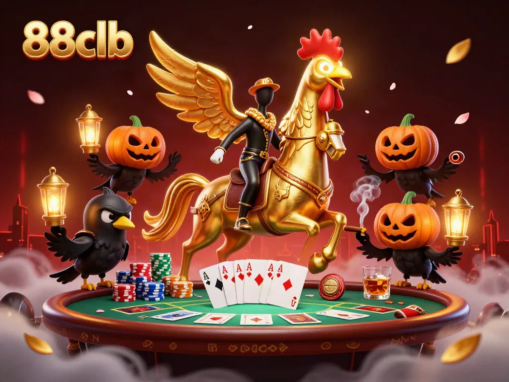 88clb showcases a golden rooster riding a spectral horse through a vibrant casino scene filled with poker elements.
