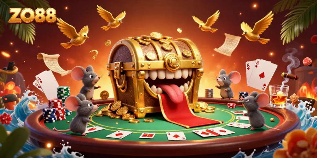 Experience thrilling ZO88 gaming with a vibrant scene featuring treasure and poker elements.