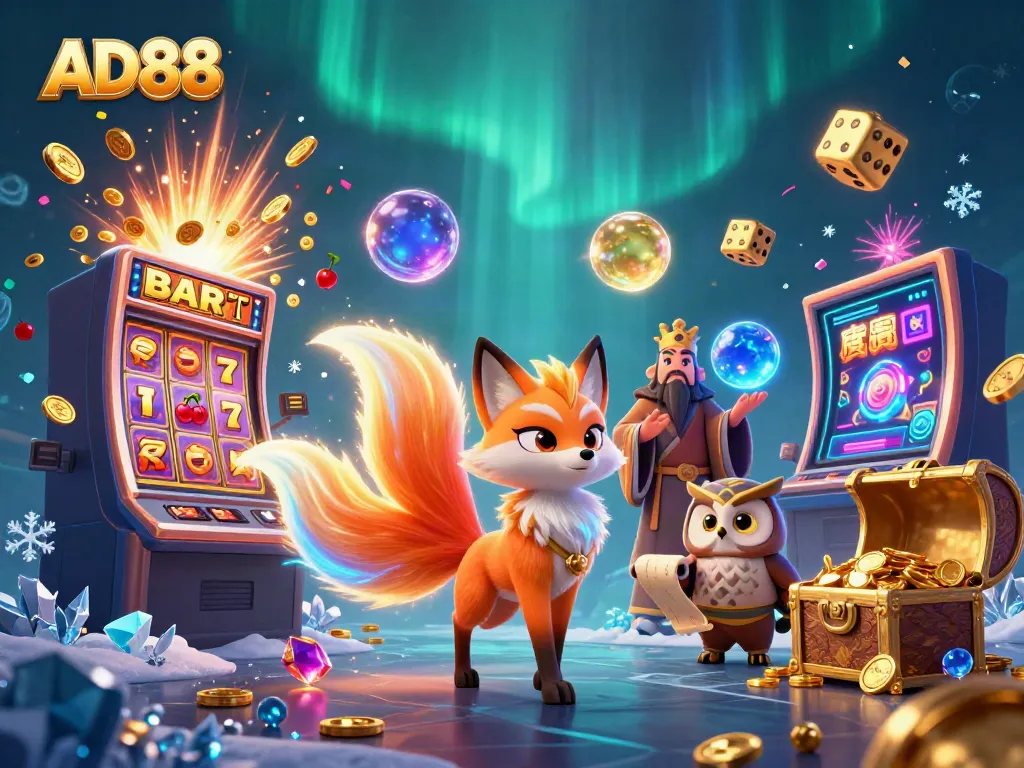 Experience the vibrant gaming world of AD88 with a colorful nine-tailed fox spirit and jackpot symbols.