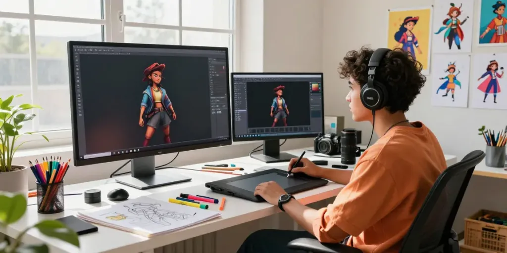 Artist using a consistent character generator software in a bright studio.