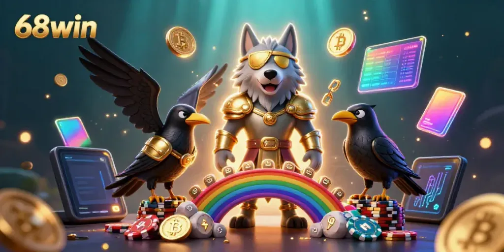 Experience the excitement of 68win with a vibrant scene featuring Odin and his ravens amidst casino themes.