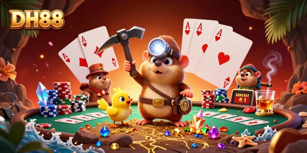 Join the treasure hunter mole and canary in a vibrant DH88 casino scene, mining riches and card games.