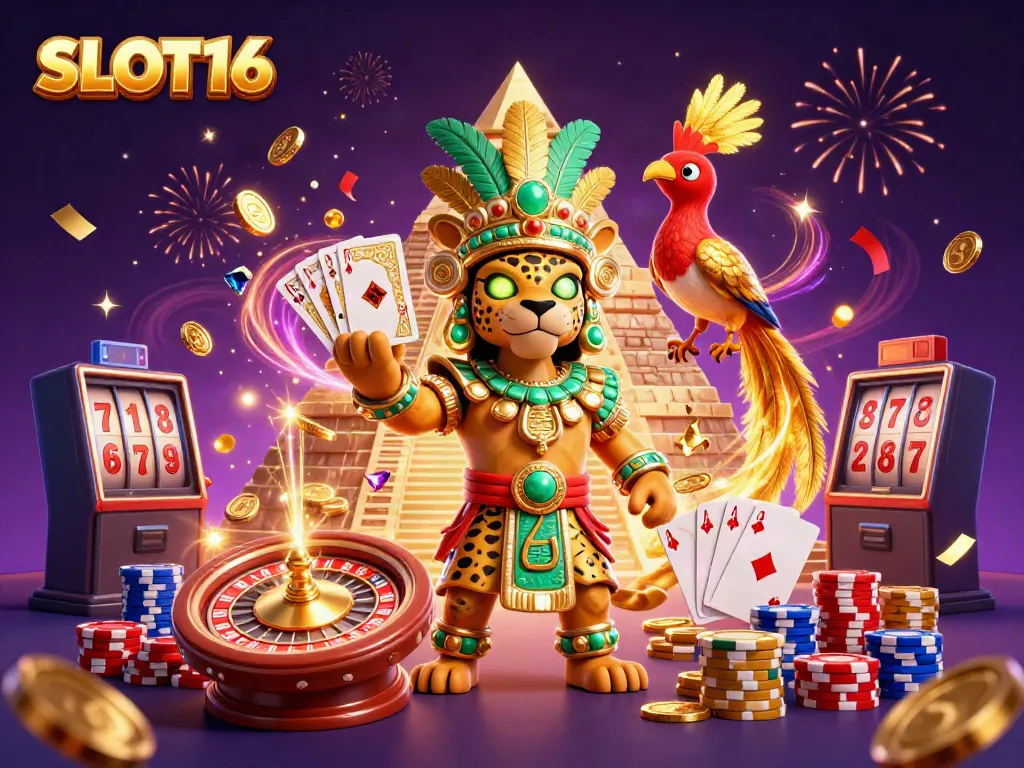 SLOT16's Mayan-themed casino illustration with shimmering coins, cards, and jackpot action.