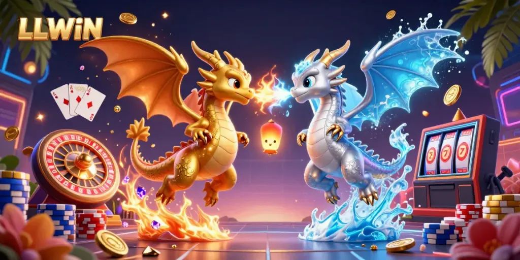 Experience LLWIN's exciting gaming atmosphere with dynamic dragons and vibrant casino elements.