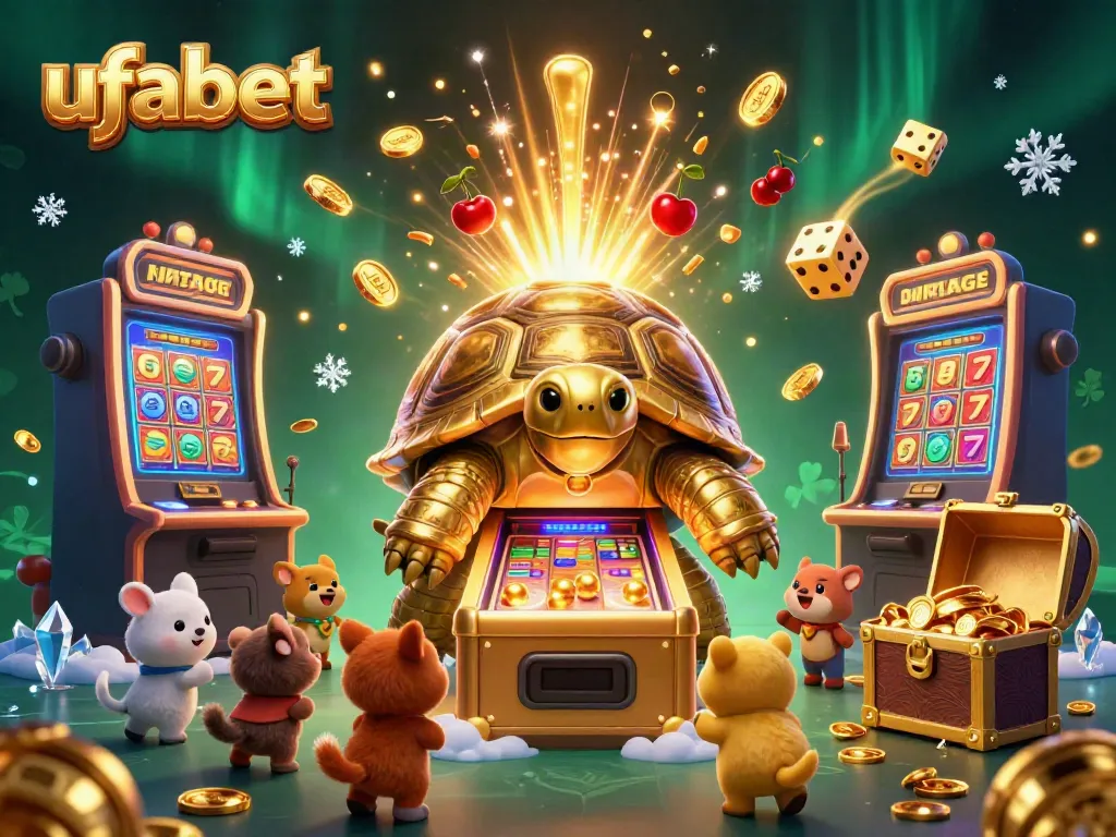 ภาพการเล่น ufabet ในคาสิโนออนไลน์ มีเต่าทองและเครื่องสล็อตเต็มไปด้วยเหรียญ
