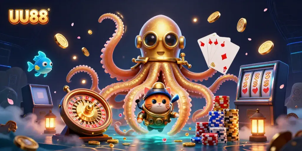 Experience exhilarating gameplay at UU88 with a treasure-filled scene featuring a kraken and casino elements.