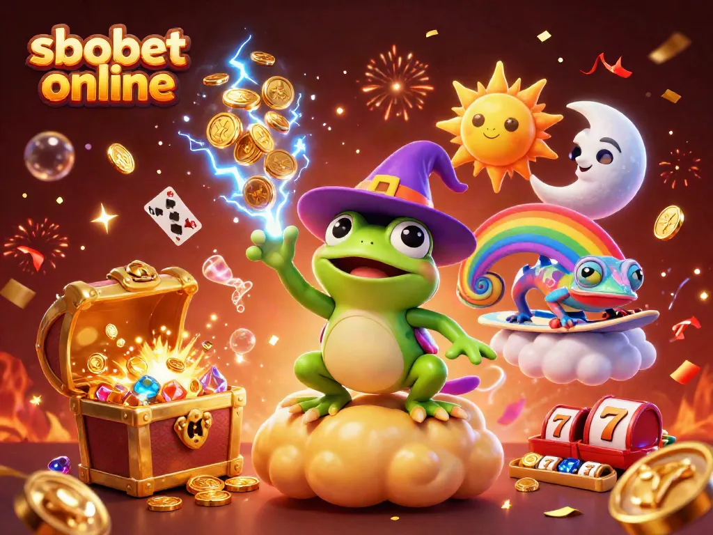 Experience sbobet online with a magical storm of golden coins, featured characters, and vibrant casino elements.