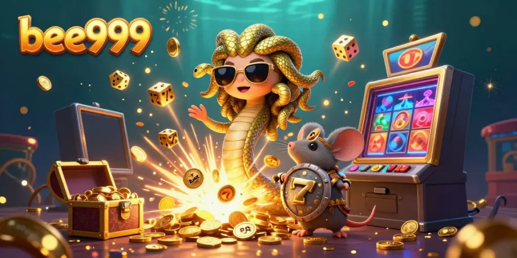 Engage with bee999's vibrant casino fun featuring Medusa, a warrior mouse, and a jackpot explosion.
