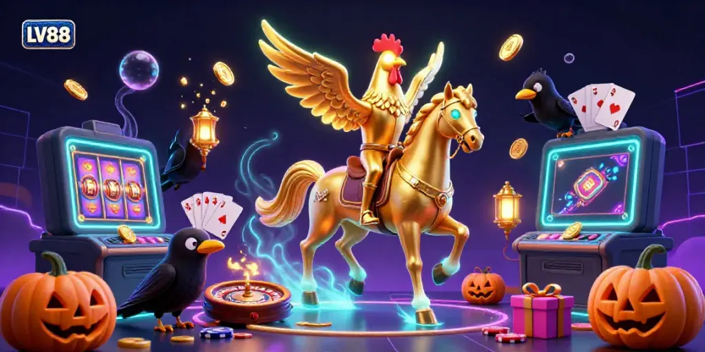 Experience the thrill of LV88 with a golden rooster in a lively midnight casino scene.