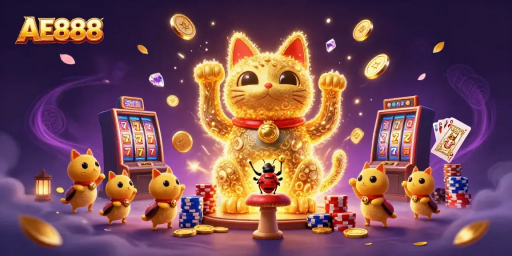Experience the excitement of AE888 with a lucky cat and dazzling casino imagery.