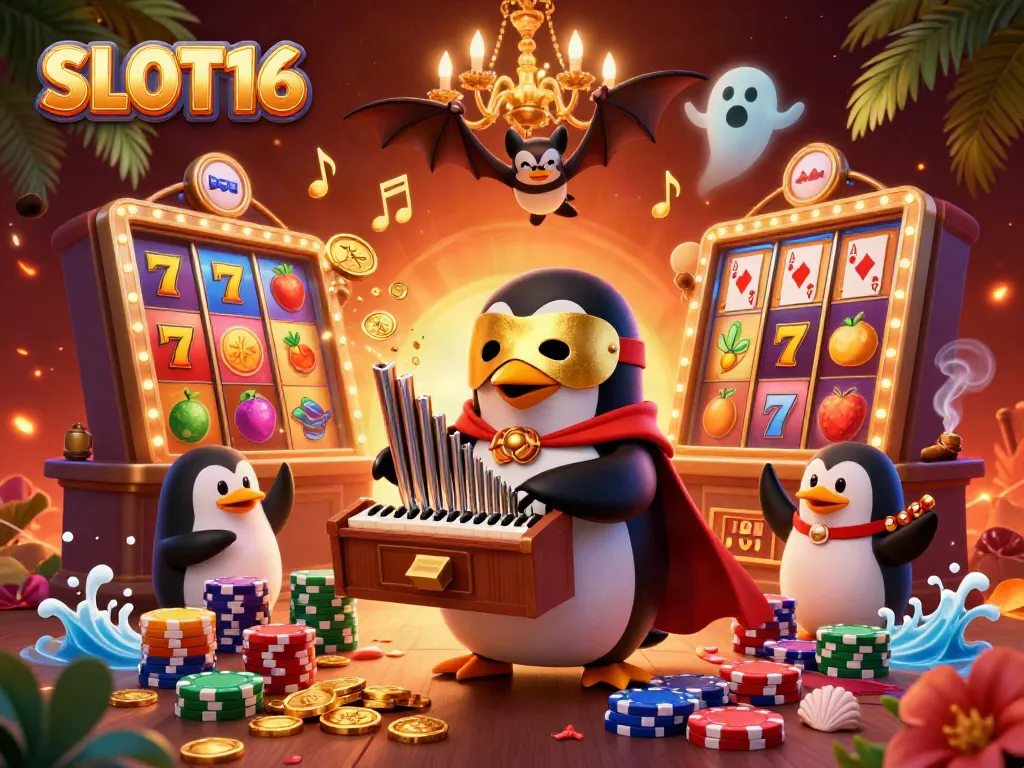 SLOT16 features a whimsical scene with a penguin and bat in a vibrant casino atmosphere.
