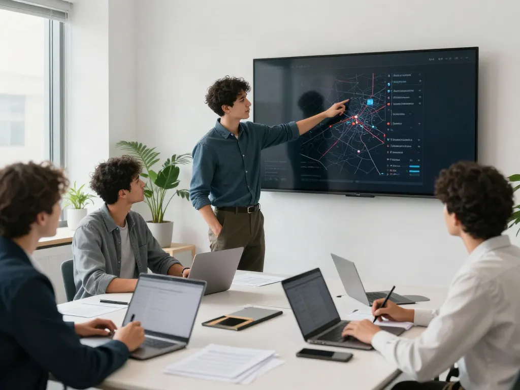 Team discussing addresses in a modern office, showcasing professional collaboration.