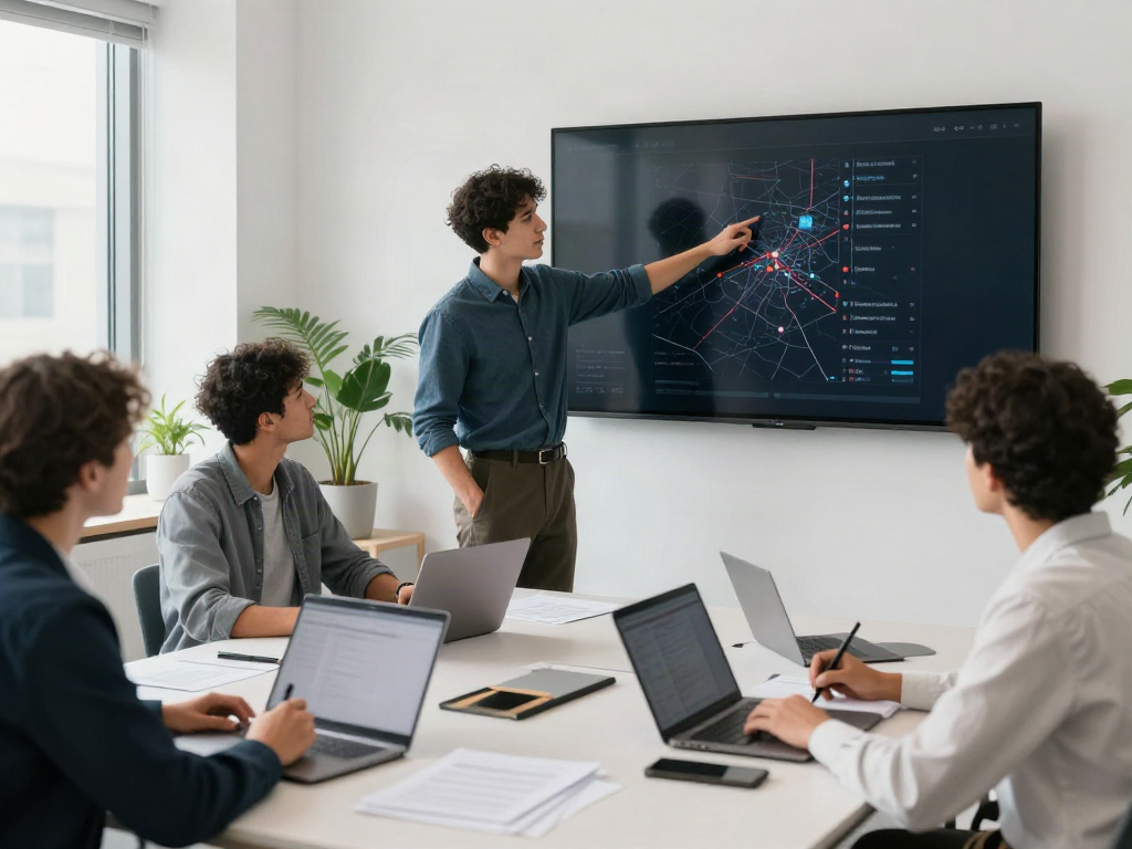 Team discussing addresses in a modern office, showcasing professional collaboration.
