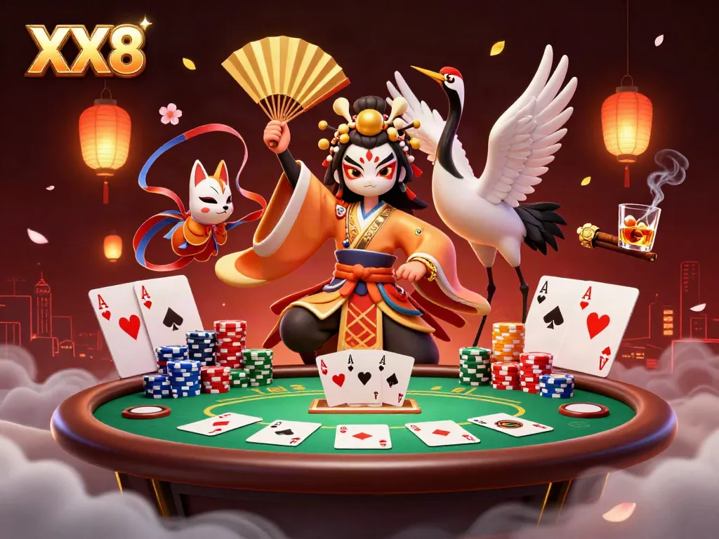 Experience the thrill of XX8 casino gaming with vibrant characters amidst a vivid poker scene.