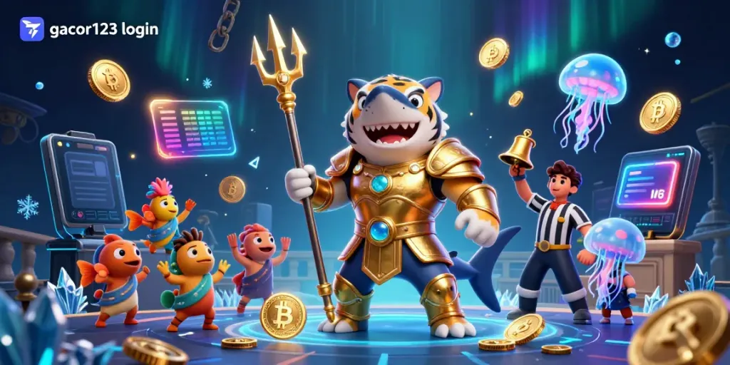 Experience a thrilling underwater scene with the gacor123 login as a tiger shark in gladiator armor engages in a vibrant casino backdrop.