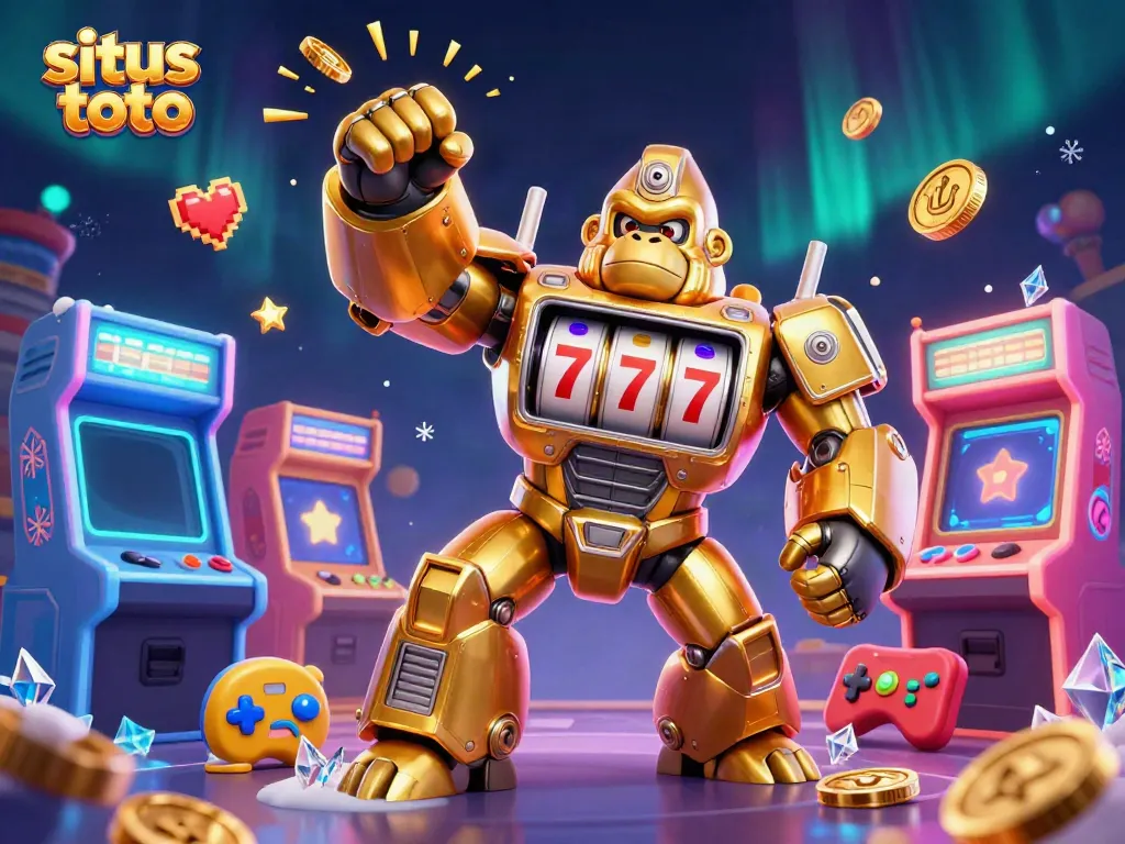 Experience the thrill of situs toto with a dynamic golden gorilla mech and vibrant casino elements.
