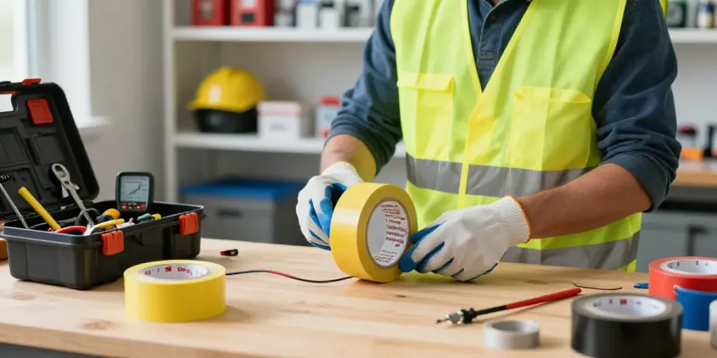 Electrician using Link Super33 electrical tape in a modern workshop setting.