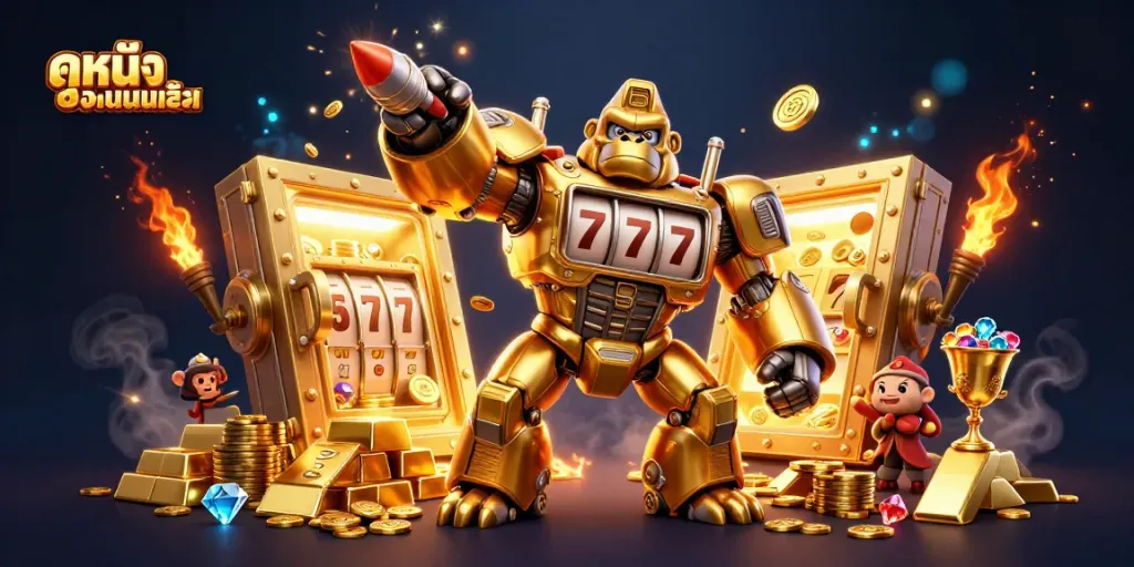 Engage with ดูหนังออนไลน์ while experiencing a dynamic 3D scene of a golden gorilla mech and treasure elements.