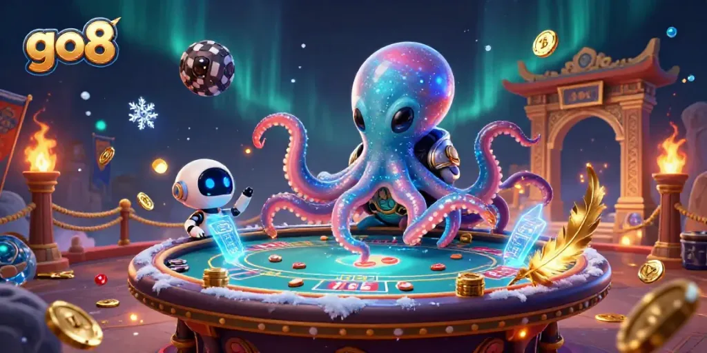 Go8 alien octopus plays poker in a vibrant cosmic casino scene packed with excitement.